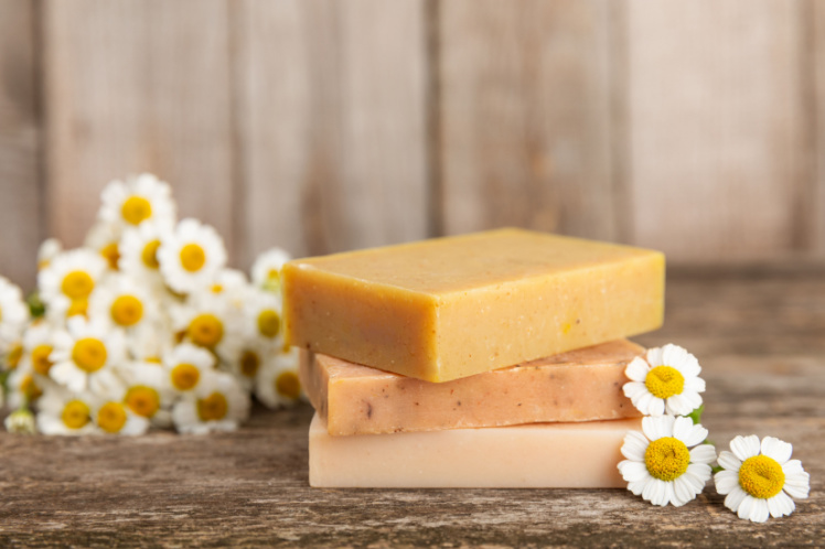 Homemade Chamomile Soaps. White And Yellow Color Handmade Soap